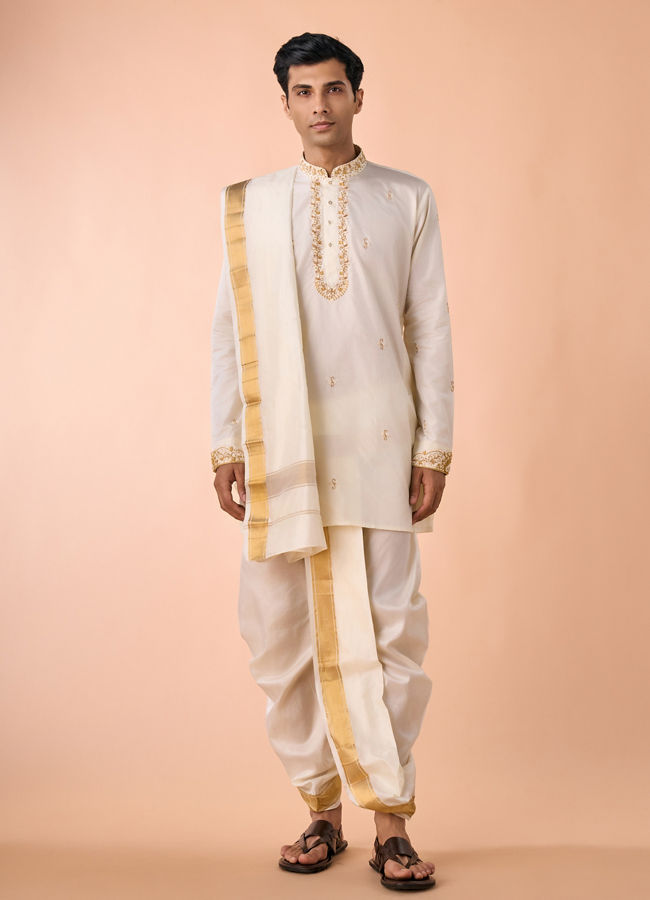 Manyavar Men Elegant Cream Silk Kurta Pancha Set