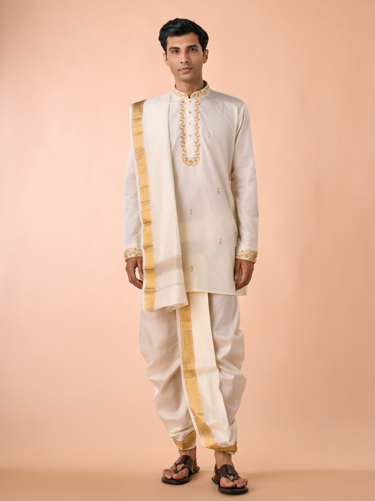 Manyavar Men Elegant Cream Silk Kurta Pancha Set