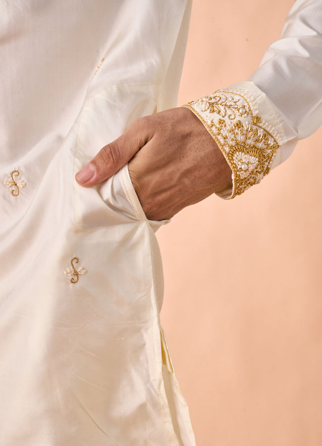 Manyavar Men Elegant Cream Silk Kurta Pancha Set