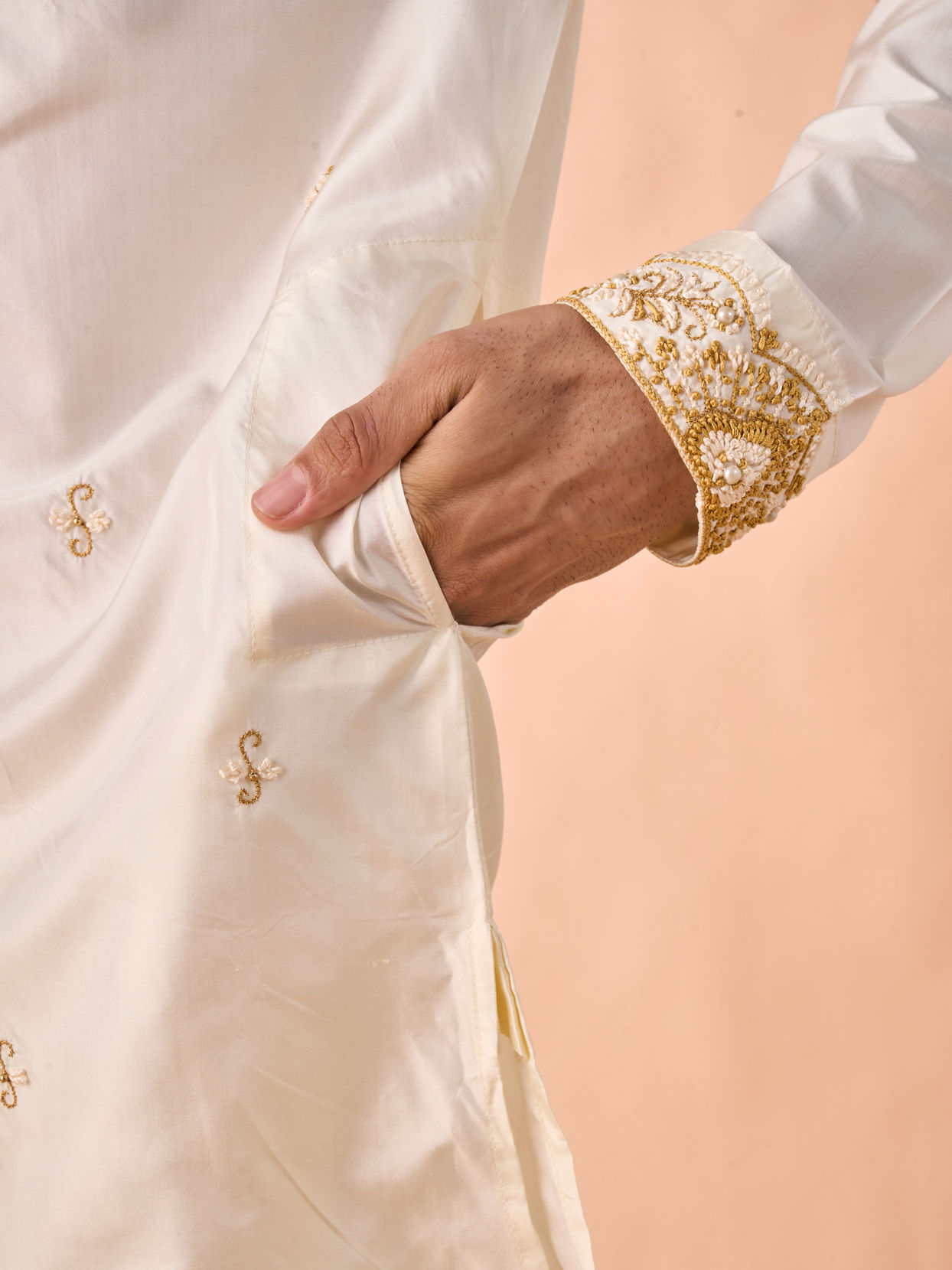 Manyavar Men Elegant Cream Silk Kurta Pancha Set