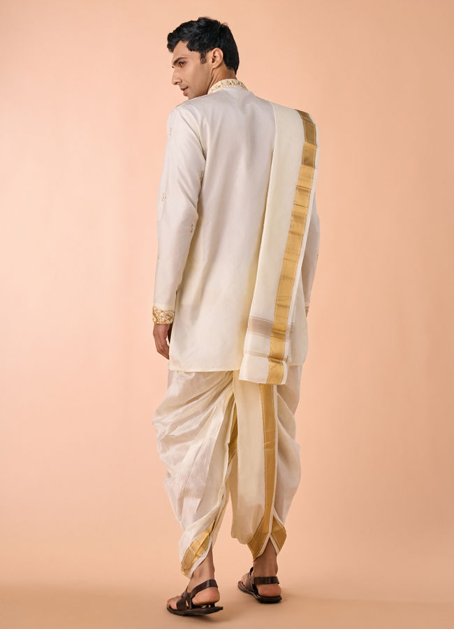Manyavar Men Elegant Cream Silk Kurta Pancha Set
