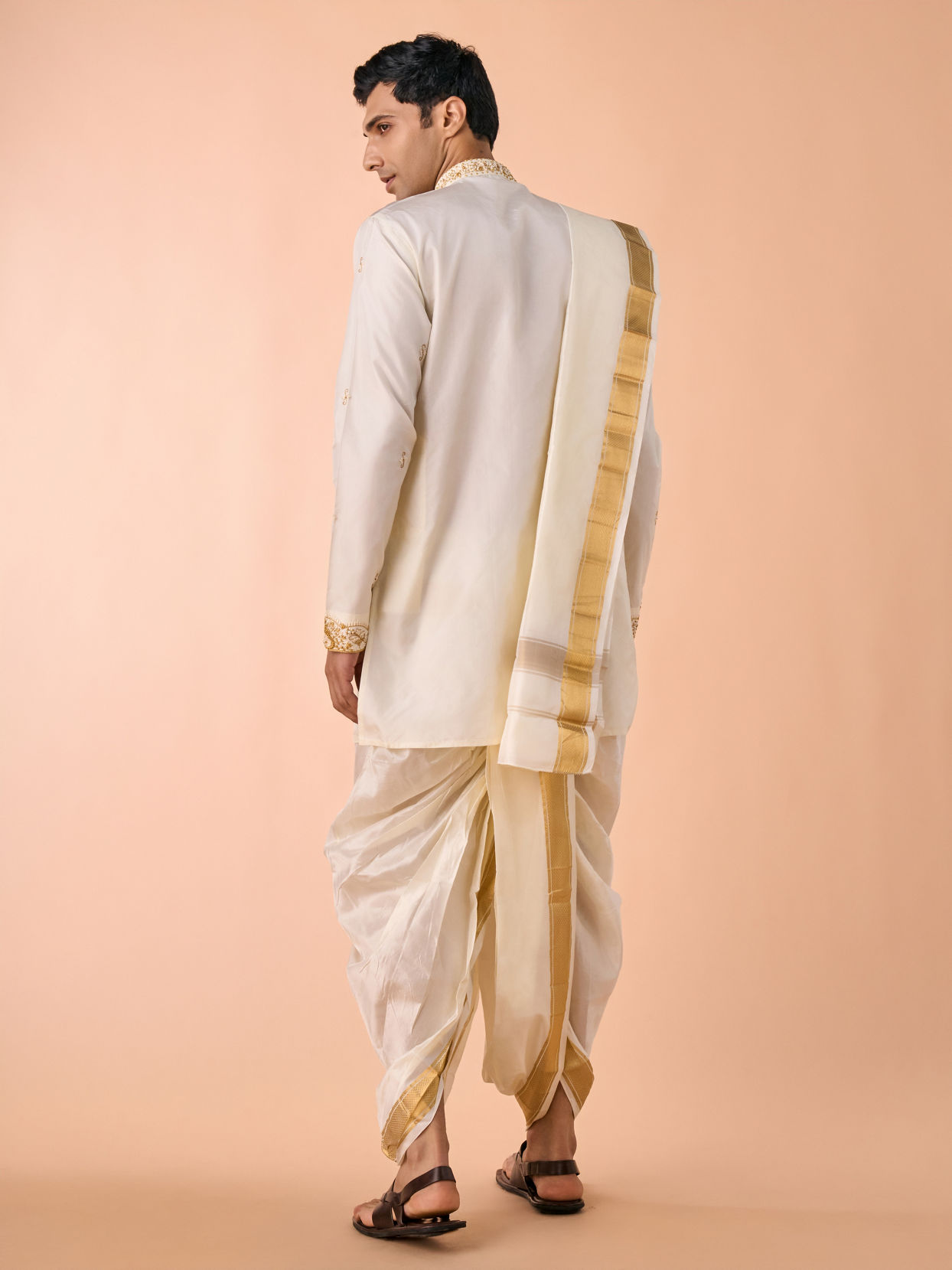 Manyavar Men Elegant Cream Silk Kurta Pancha Set