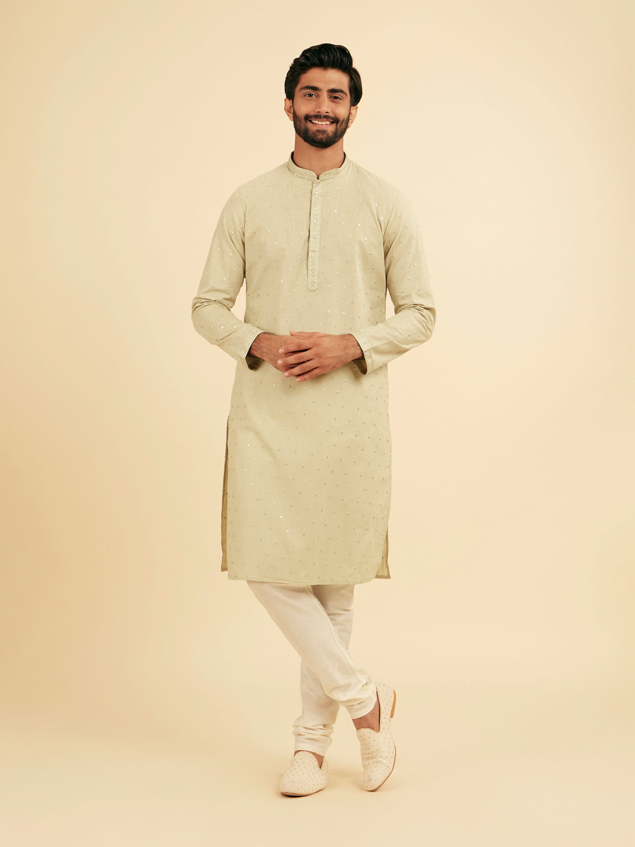 Manyavar Men Lustrous Green Kurta Pajama Ensemble