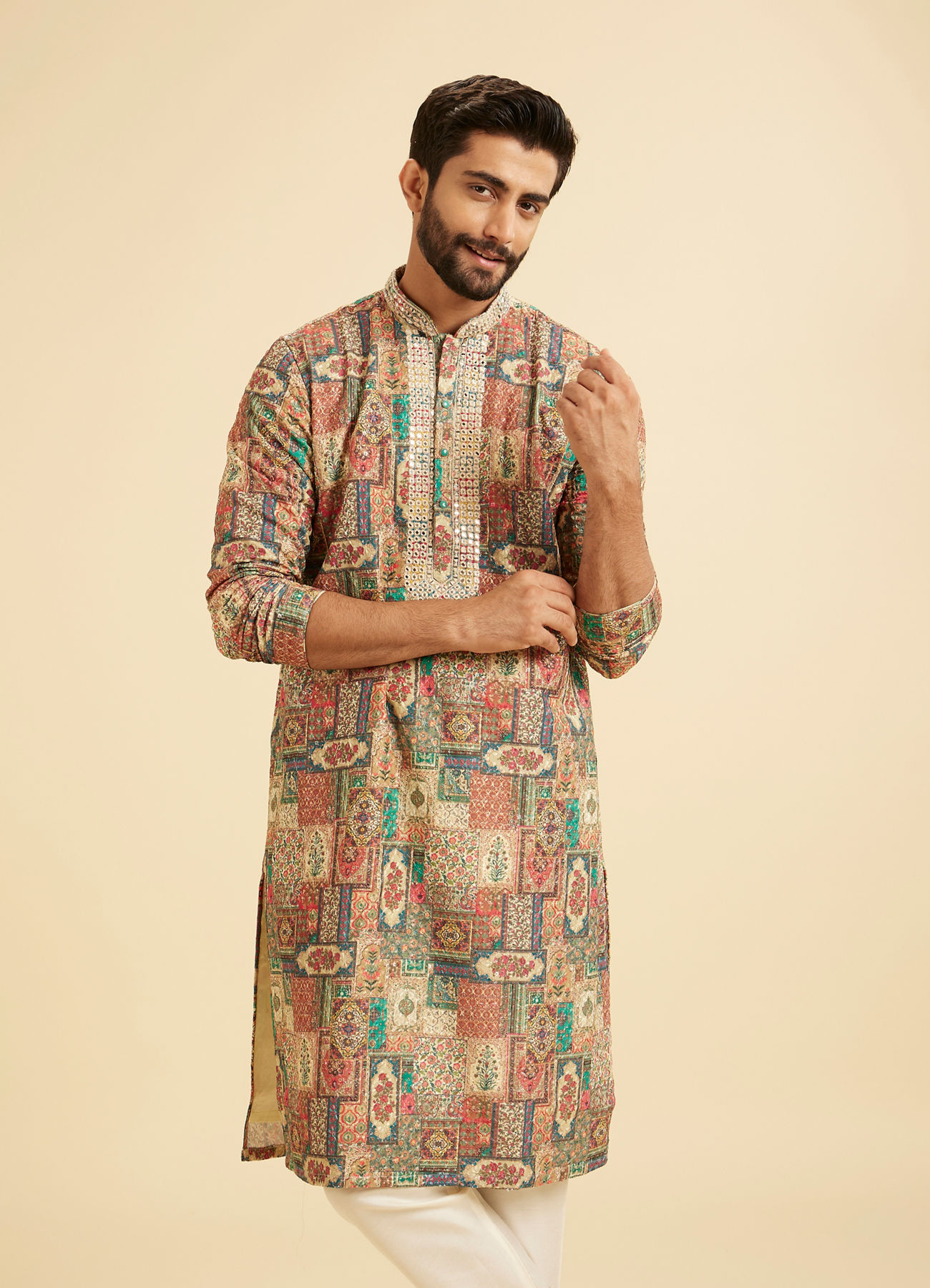Manyavar Men Beige Festive Elegance Kurta Pajama