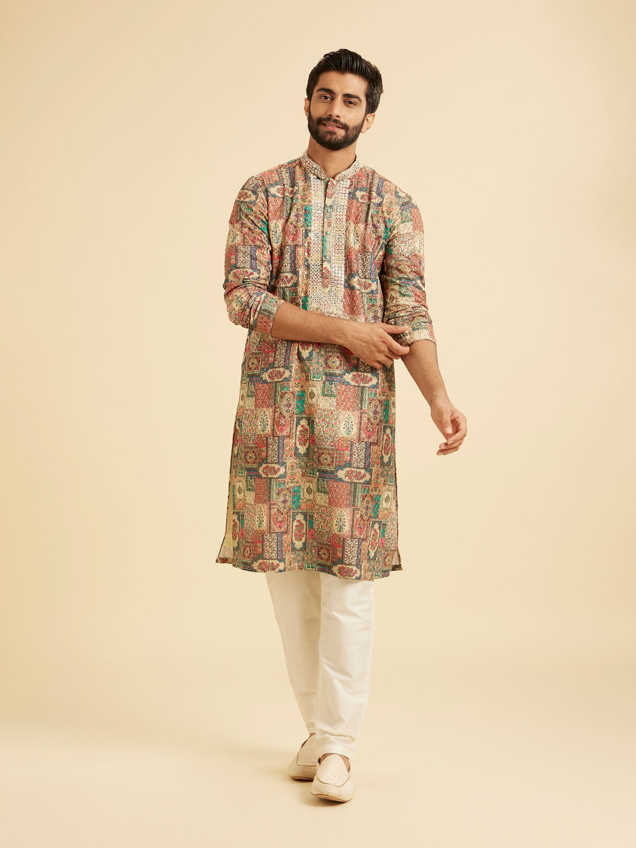 Manyavar Men Beige Festive Elegance Kurta Pajama