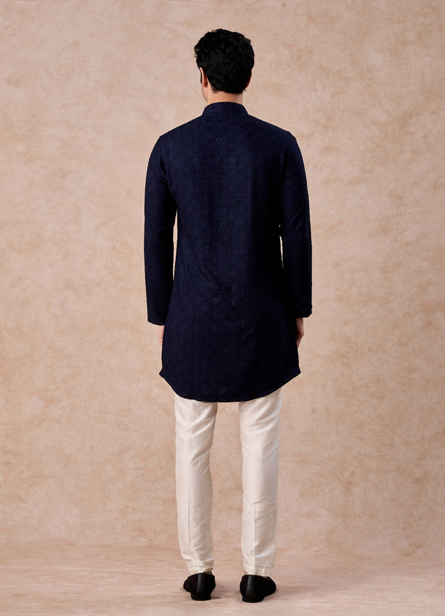 Manyavar Men Royal Dark Blue Georgette Kurta Trouser