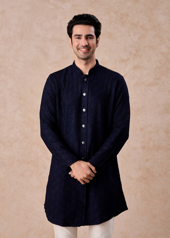 Manyavar Men Royal Dark Blue Georgette Kurta Trouser