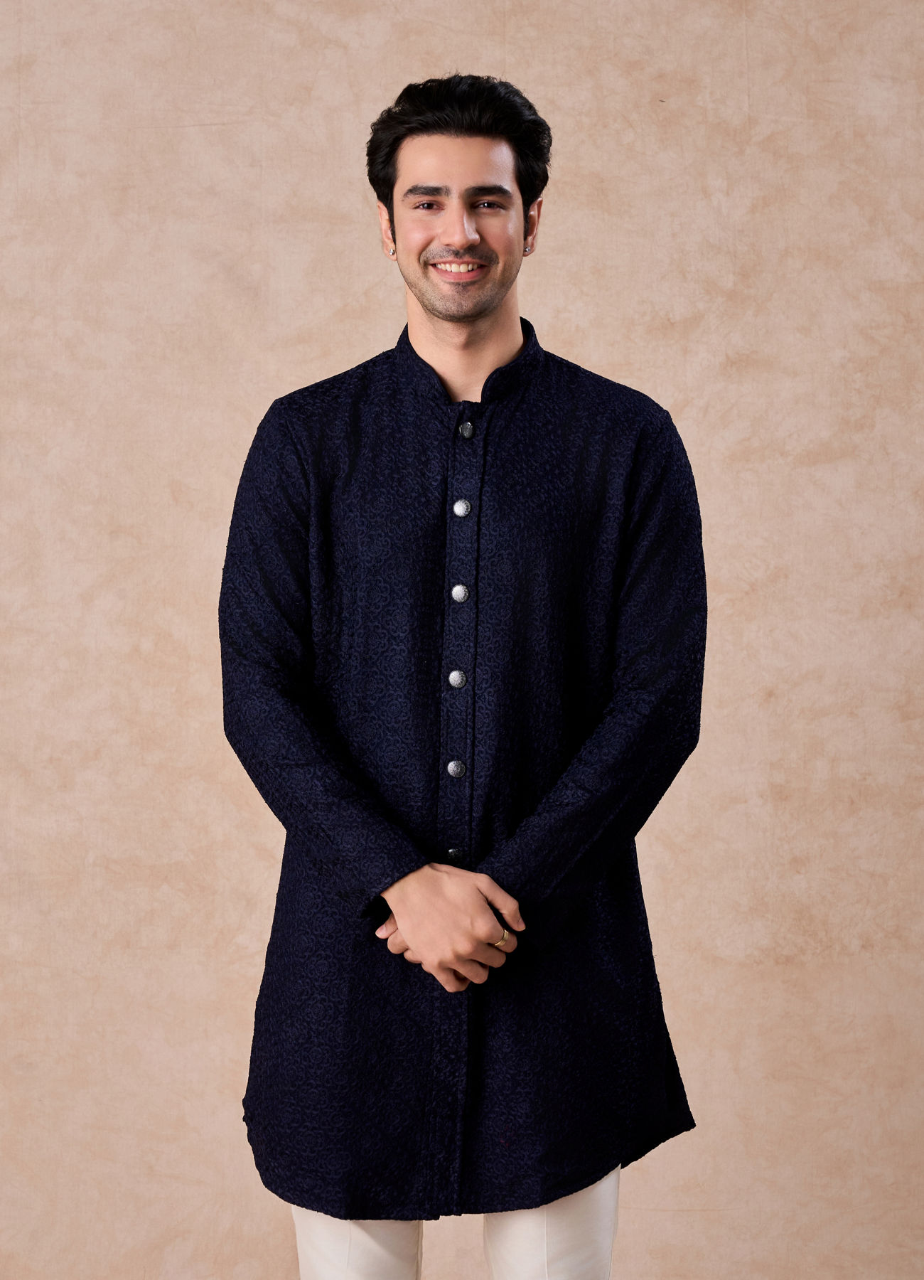 Manyavar Men Royal Dark Blue Georgette Kurta Trouser