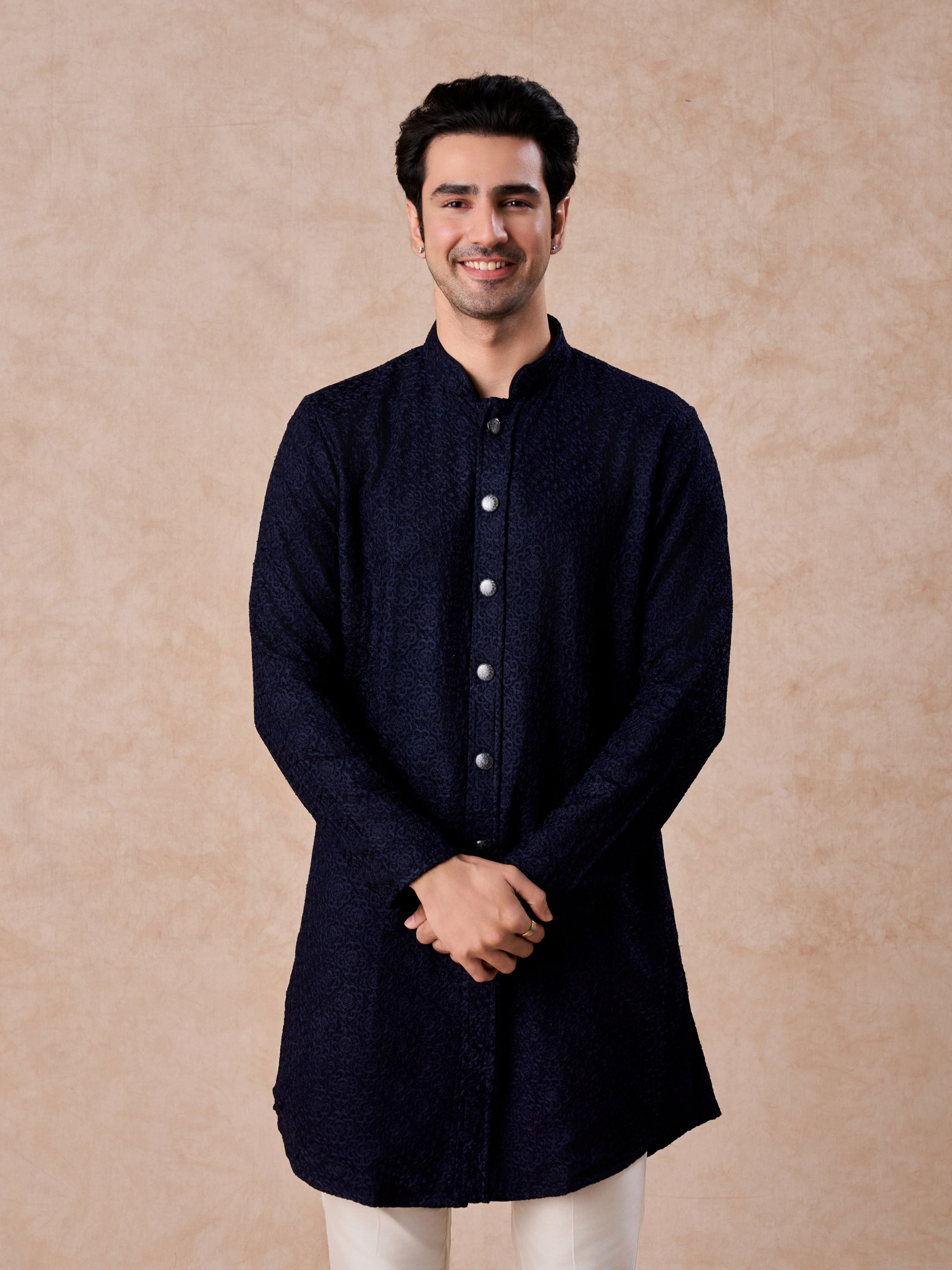 Manyavar Men Royal Dark Blue Georgette Kurta Trouser