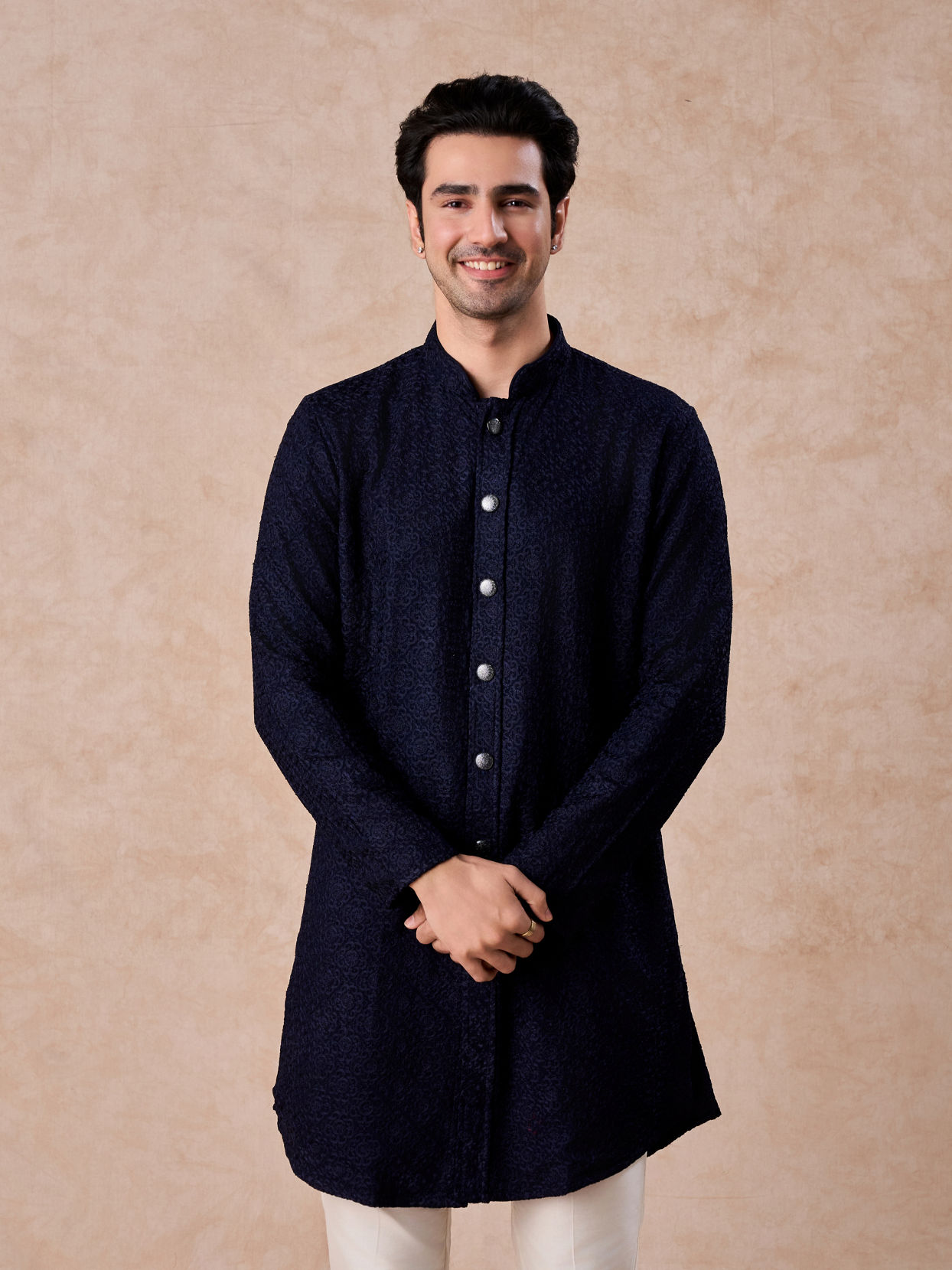 Manyavar Men Royal Dark Blue Georgette Kurta Trouser