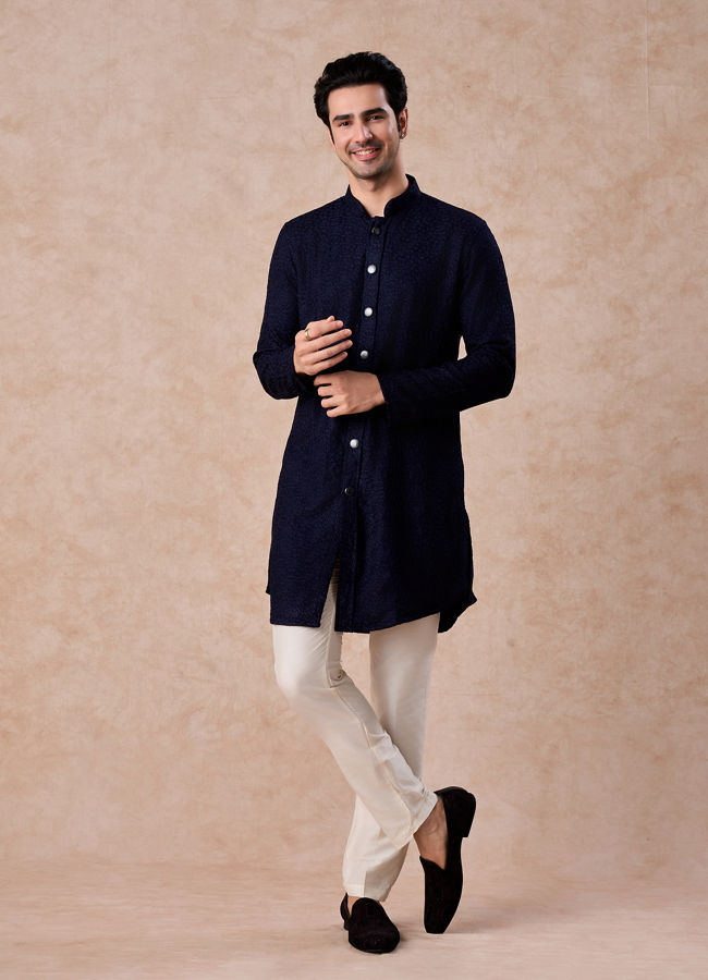 Manyavar Men Royal Dark Blue Georgette Kurta Trouser