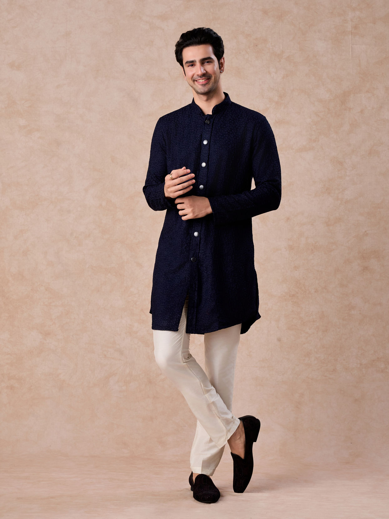 Manyavar Men Royal Dark Blue Georgette Kurta Trouser