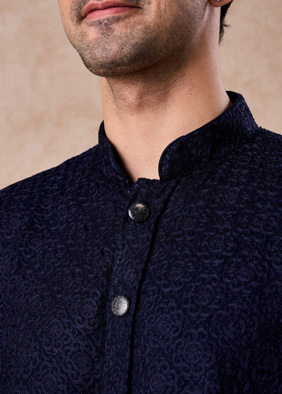 Manyavar Men Royal Dark Blue Georgette Kurta Trouser