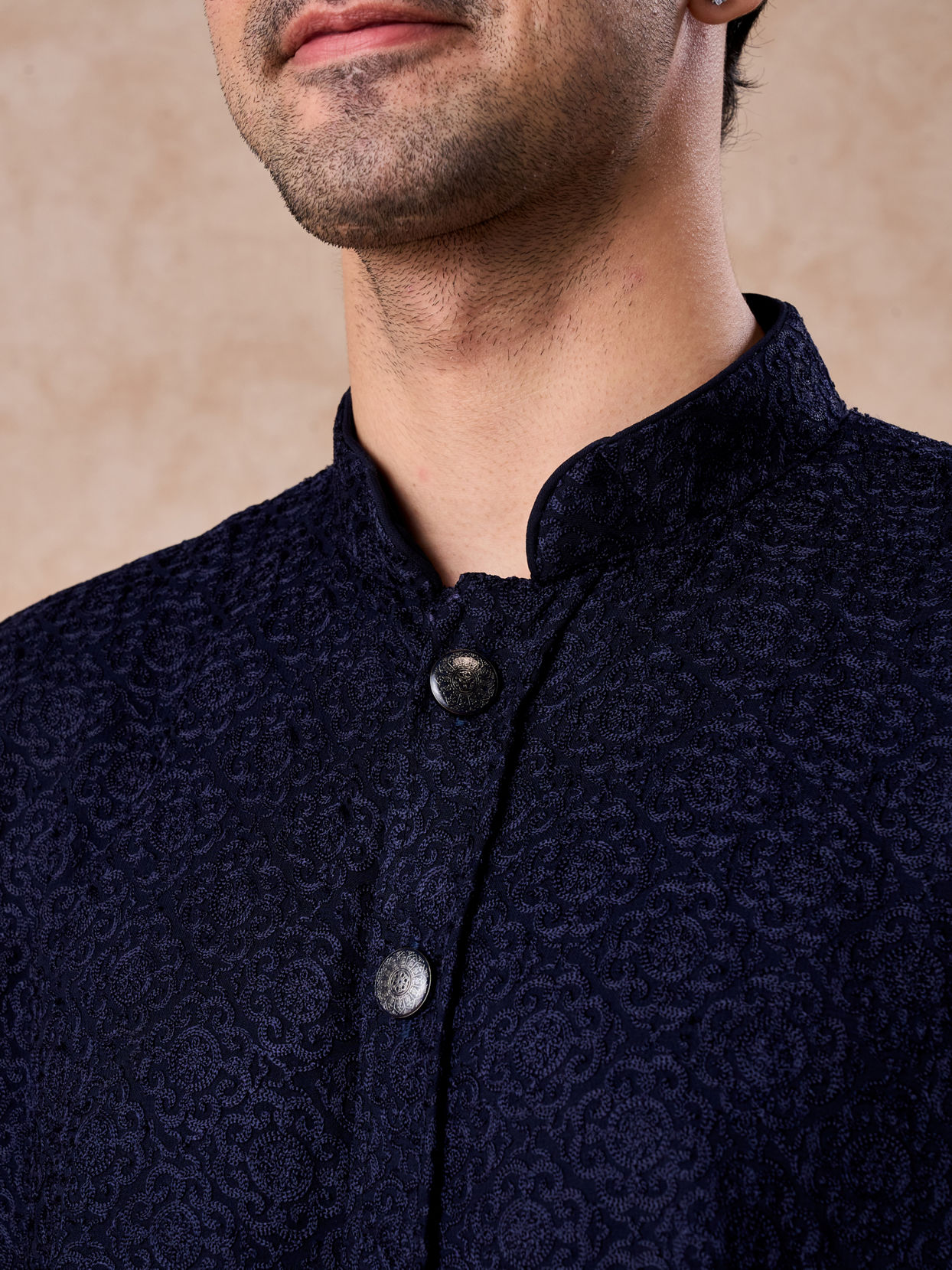 Manyavar Men Royal Dark Blue Georgette Kurta Trouser
