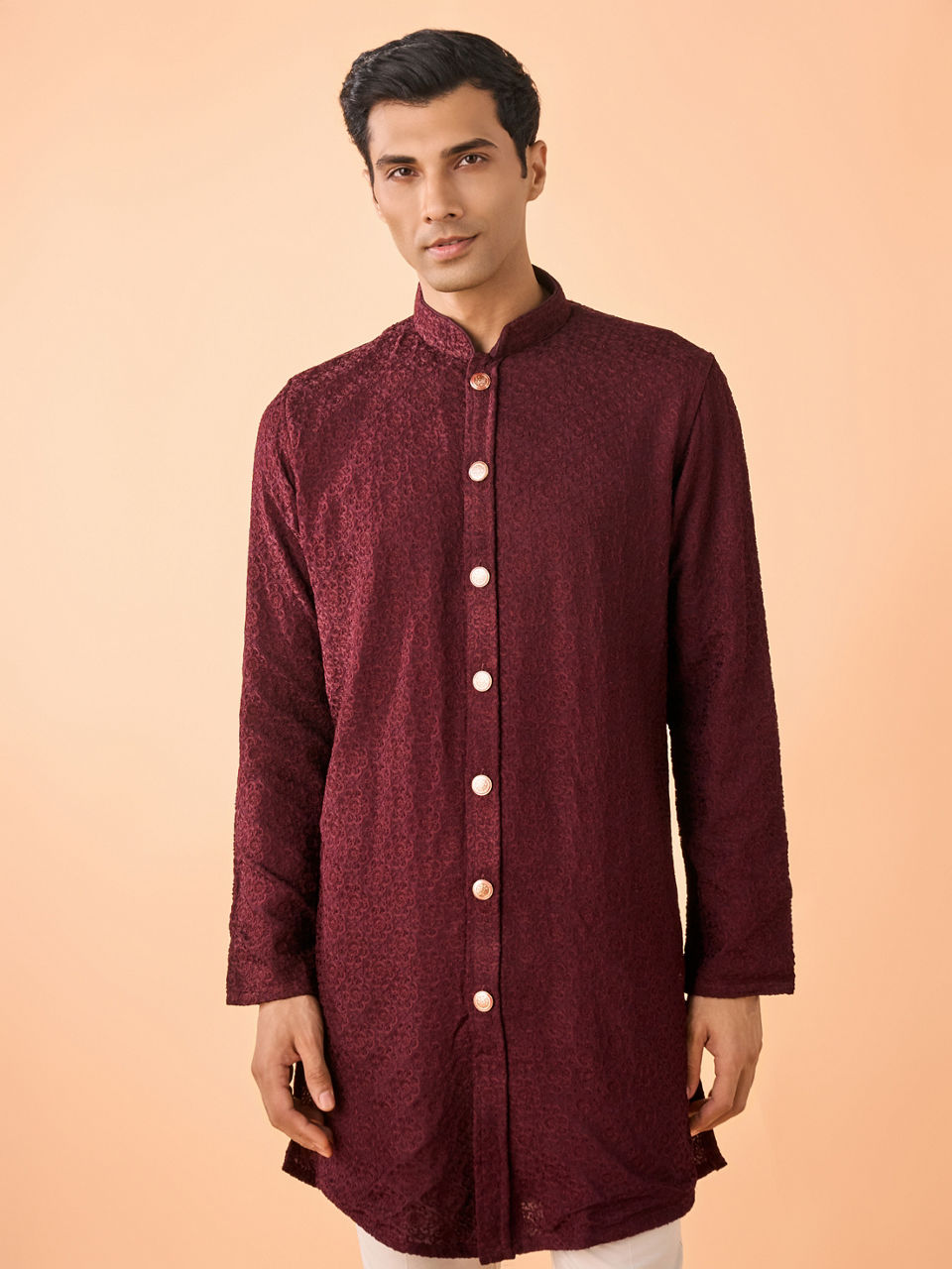 Manyavar Men Intricate Wine Kurta Pajama Set