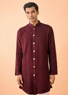 Manyavar Men Intricate Wine Kurta Pajama Set