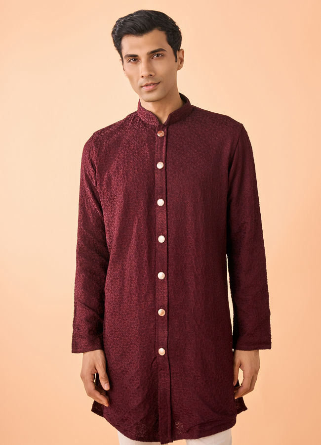 Manyavar Men Intricate Wine Kurta Pajama Set