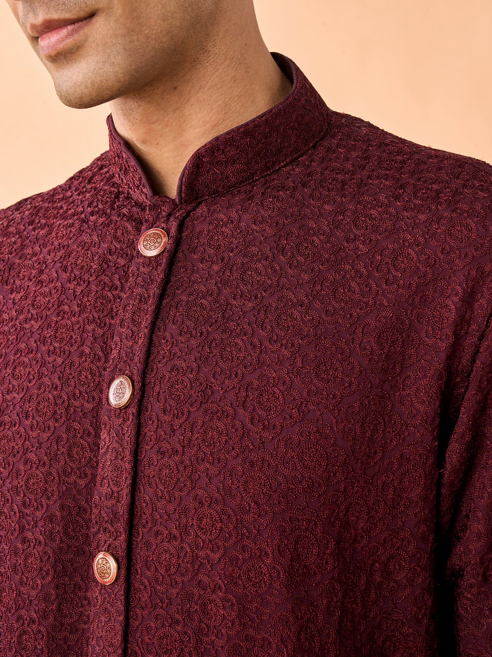 Manyavar Men Intricate Wine Kurta Pajama Set