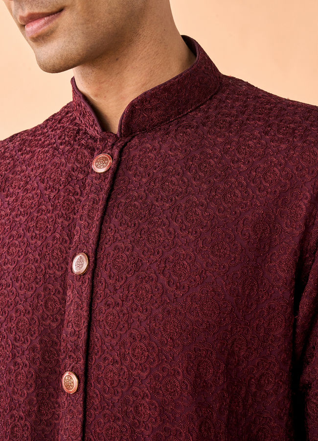 Manyavar Men Intricate Wine Kurta Pajama Set