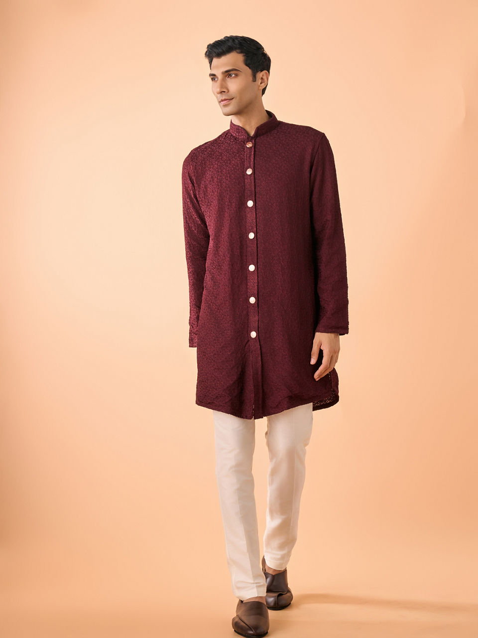 Manyavar Men Intricate Wine Kurta Pajama Set