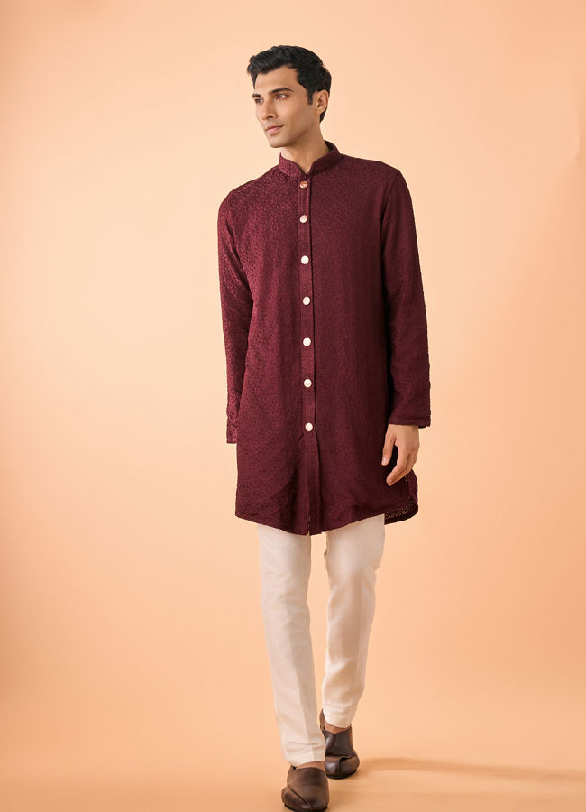 Manyavar Men Intricate Wine Kurta Pajama Set