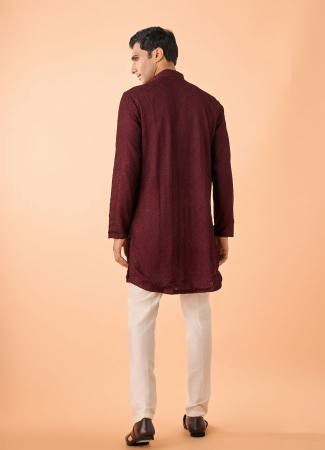 Manyavar Men Intricate Wine Kurta Pajama Set