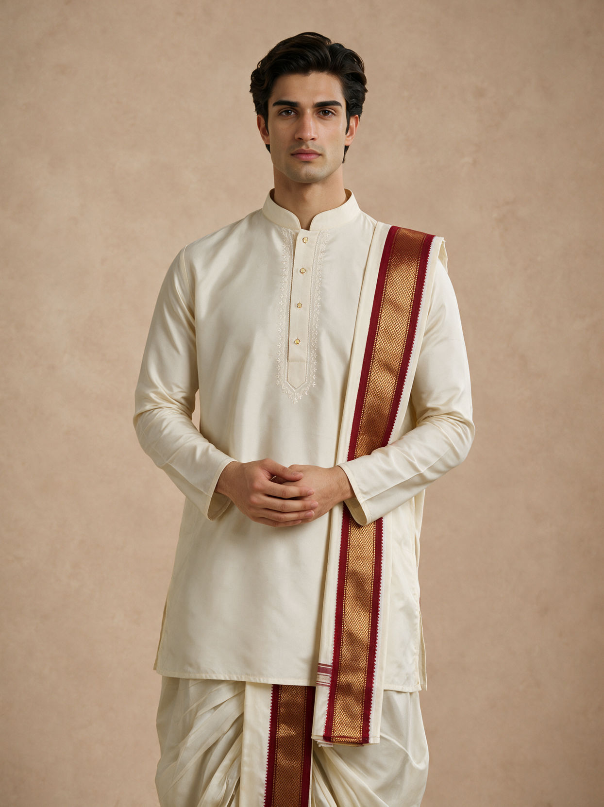 Manyavar Men Cream Art Silk Veshti Dhoti with Dupatta