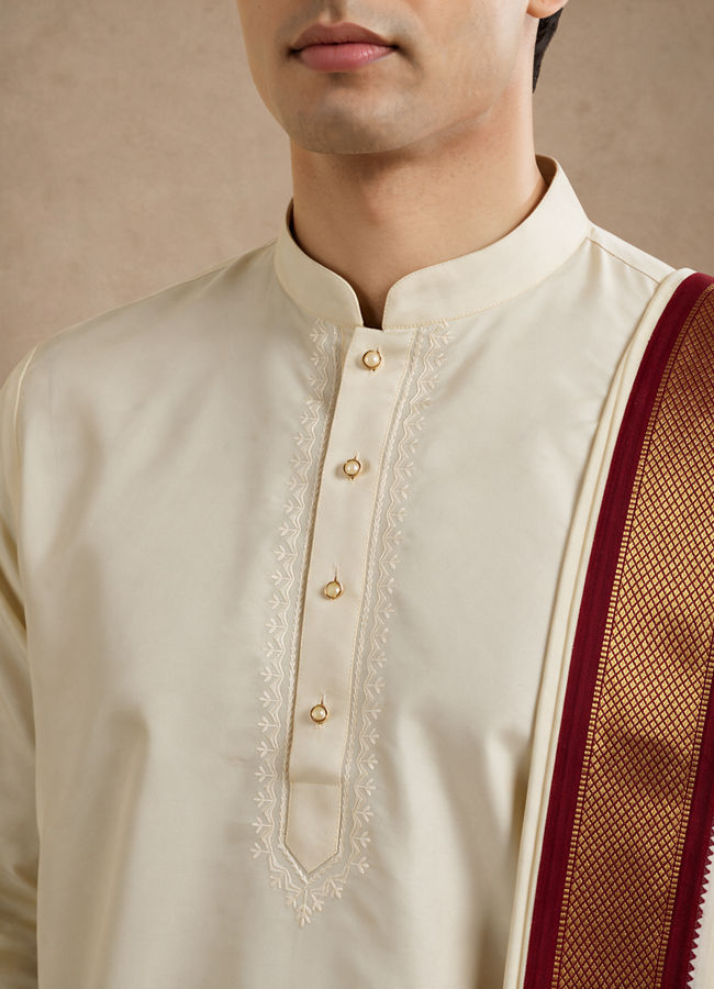 Manyavar Men Cream Art Silk Veshti Dhoti with Dupatta