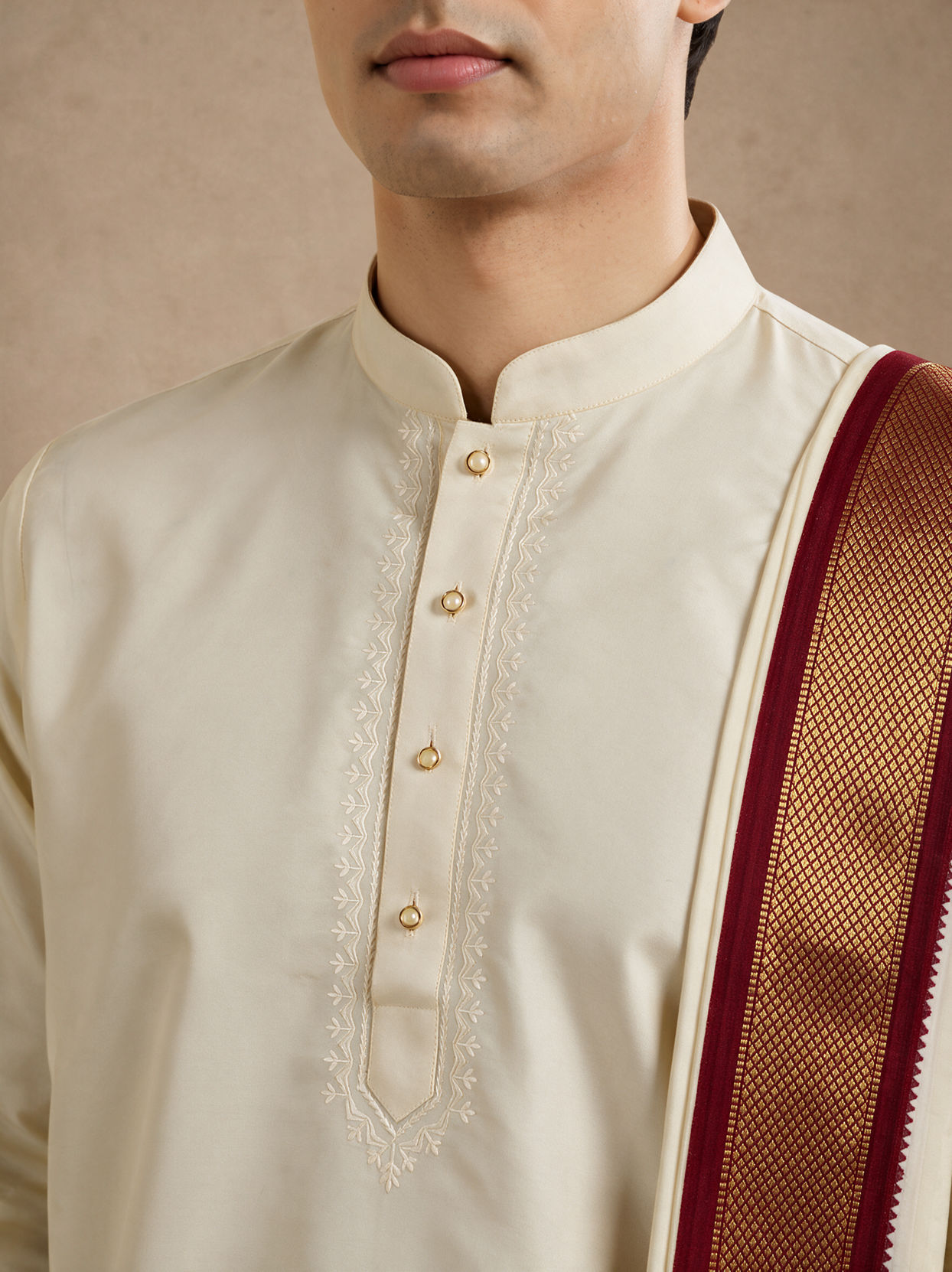 Manyavar Men Cream Art Silk Veshti Dhoti with Dupatta