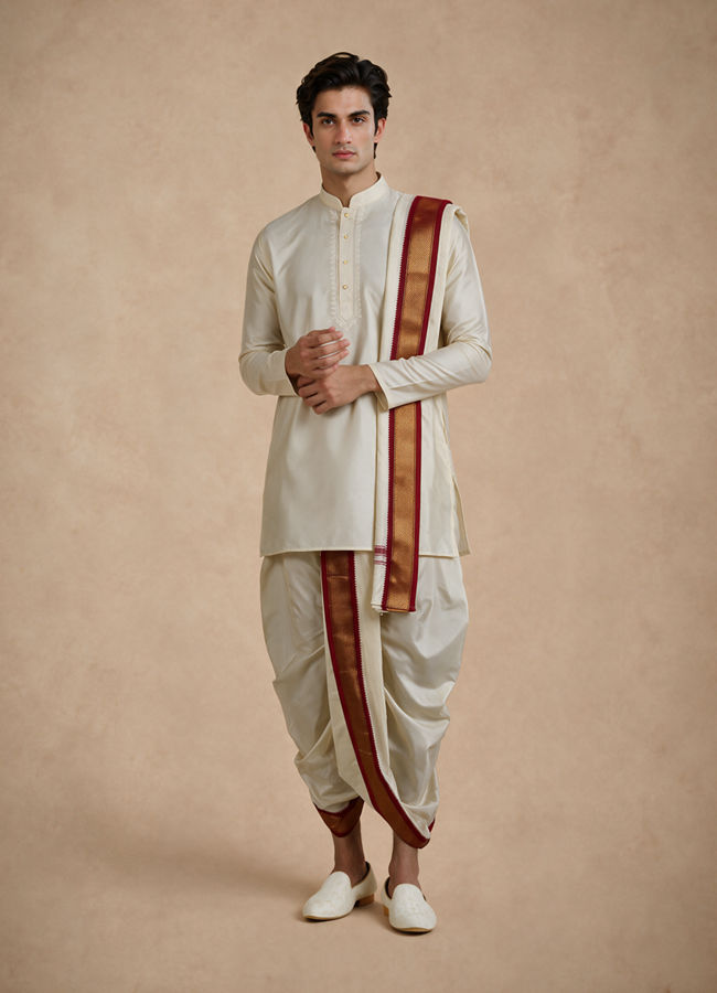 Manyavar Men Cream Art Silk Veshti Dhoti with Dupatta