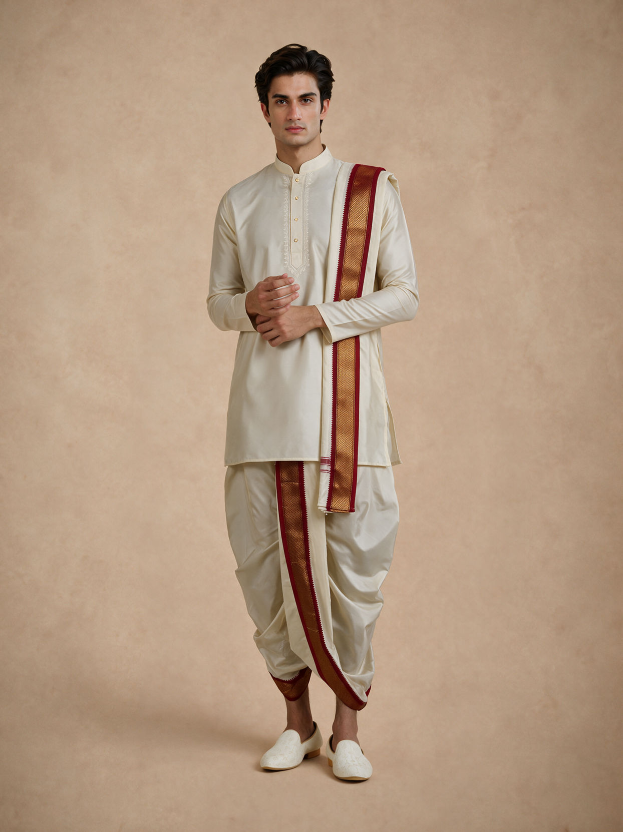 Manyavar Men Cream Art Silk Veshti Dhoti with Dupatta