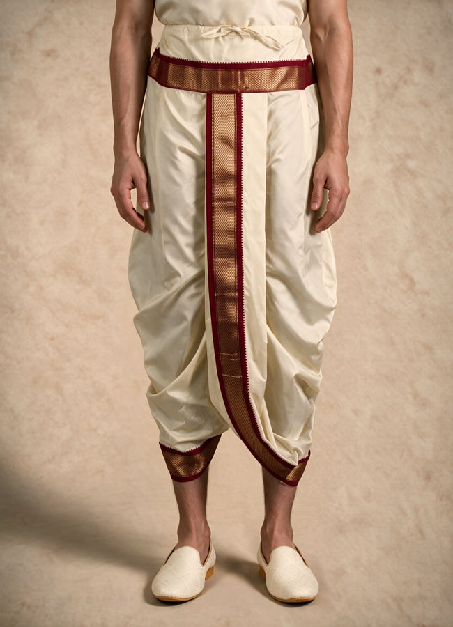 Manyavar Men Cream Art Silk Veshti Dhoti with Dupatta