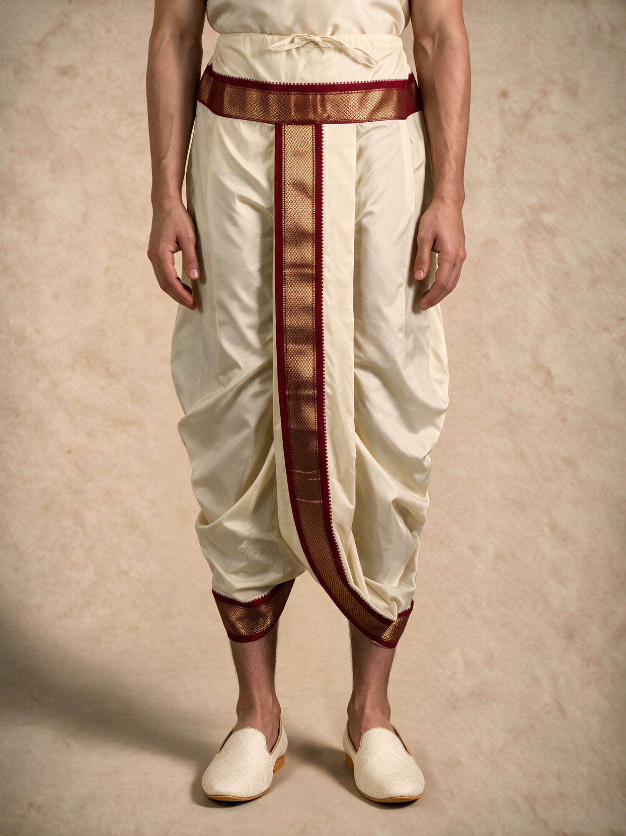 Manyavar Men Cream Art Silk Veshti Dhoti with Dupatta