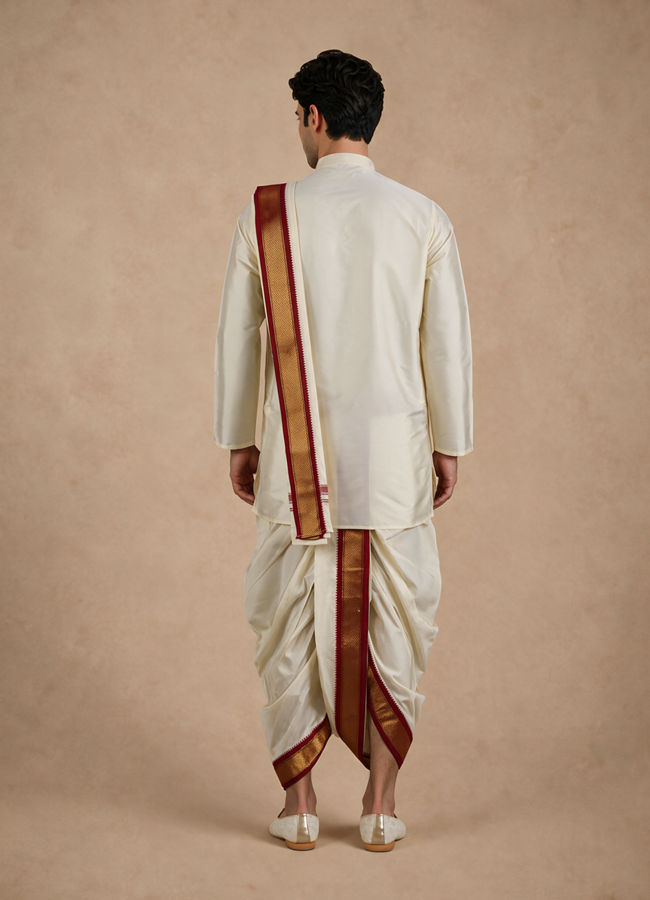 Manyavar Men Cream Art Silk Veshti Dhoti with Dupatta