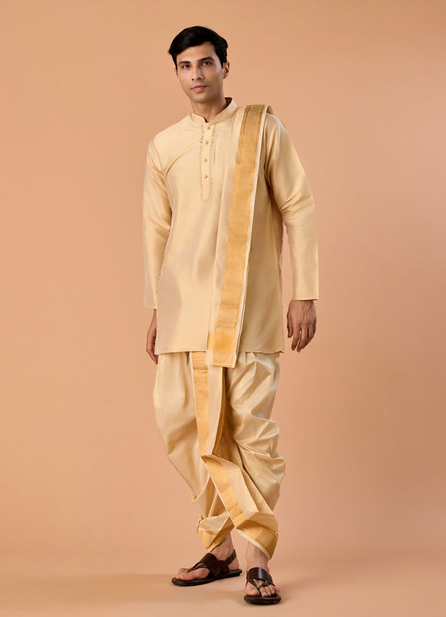 Manyavar Men Beige Silk Festive Veshti Dhoti
