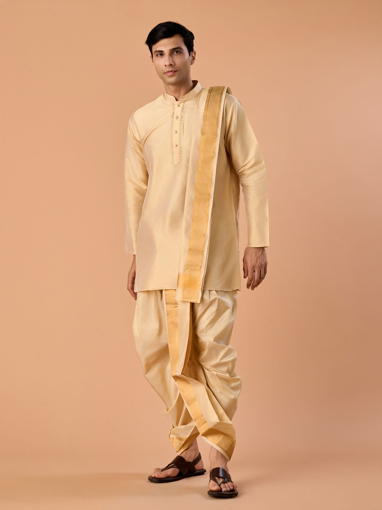 Manyavar Men Beige Silk Festive Veshti Dhoti