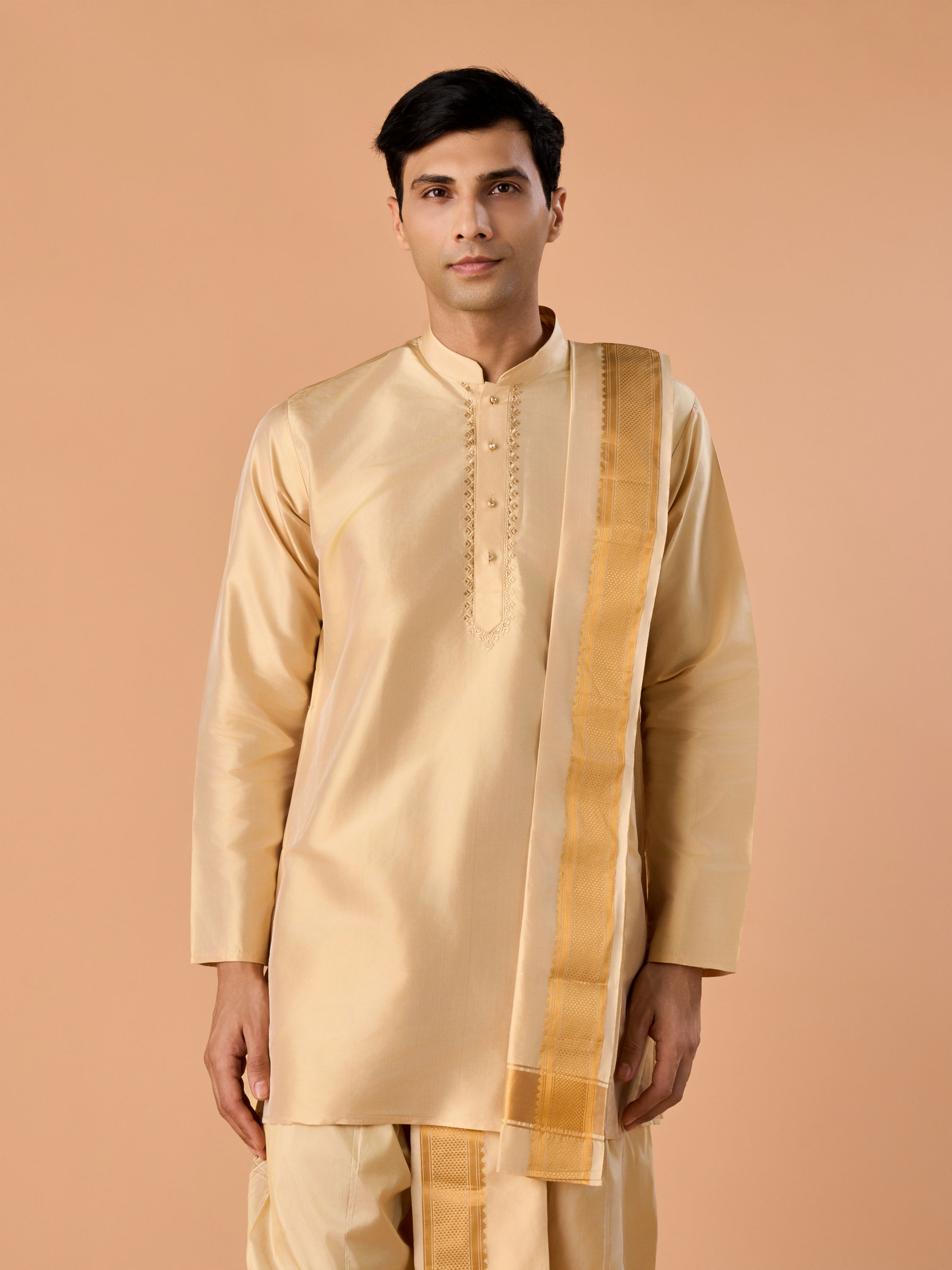 Manyavar Men Beige Silk Festive Veshti Dhoti