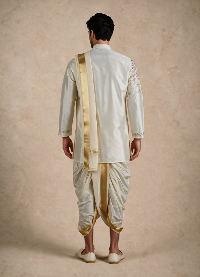 Manyavar Men Cream Silk Veshti Dhoti with Embroidery