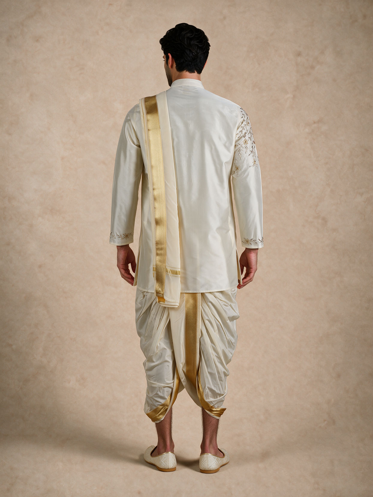 Manyavar Men Cream Silk Veshti Dhoti with Embroidery