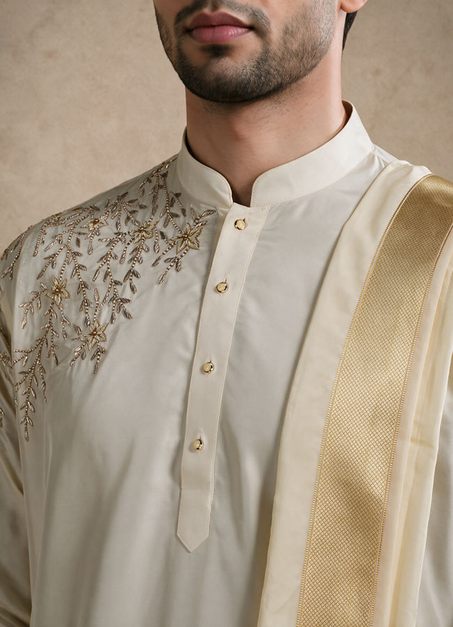 Manyavar Men Cream Silk Veshti Dhoti with Embroidery