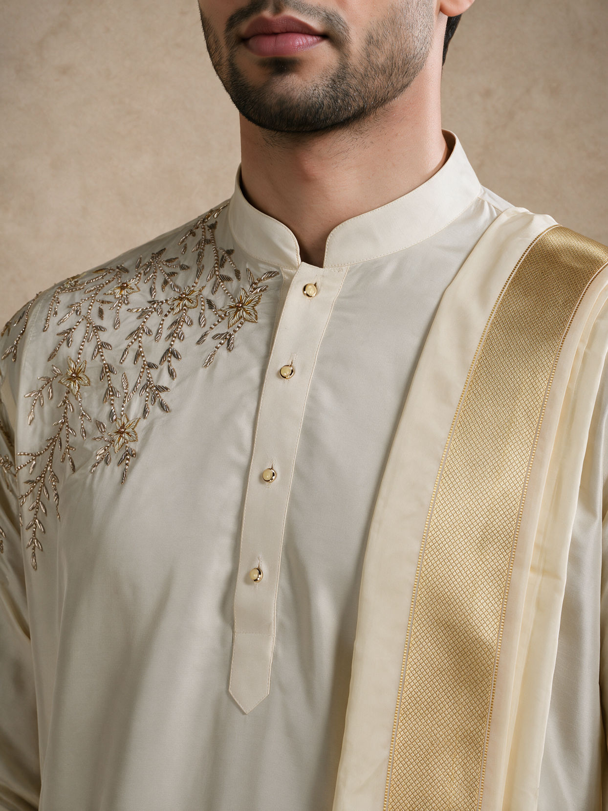 Manyavar Men Cream Silk Veshti Dhoti with Embroidery