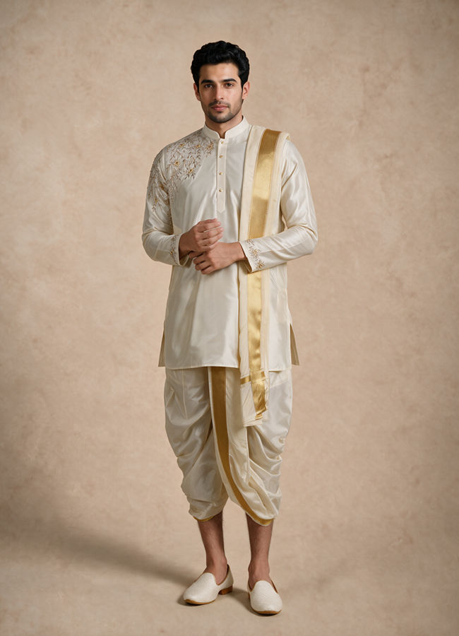 Manyavar Men Cream Silk Veshti Dhoti with Embroidery