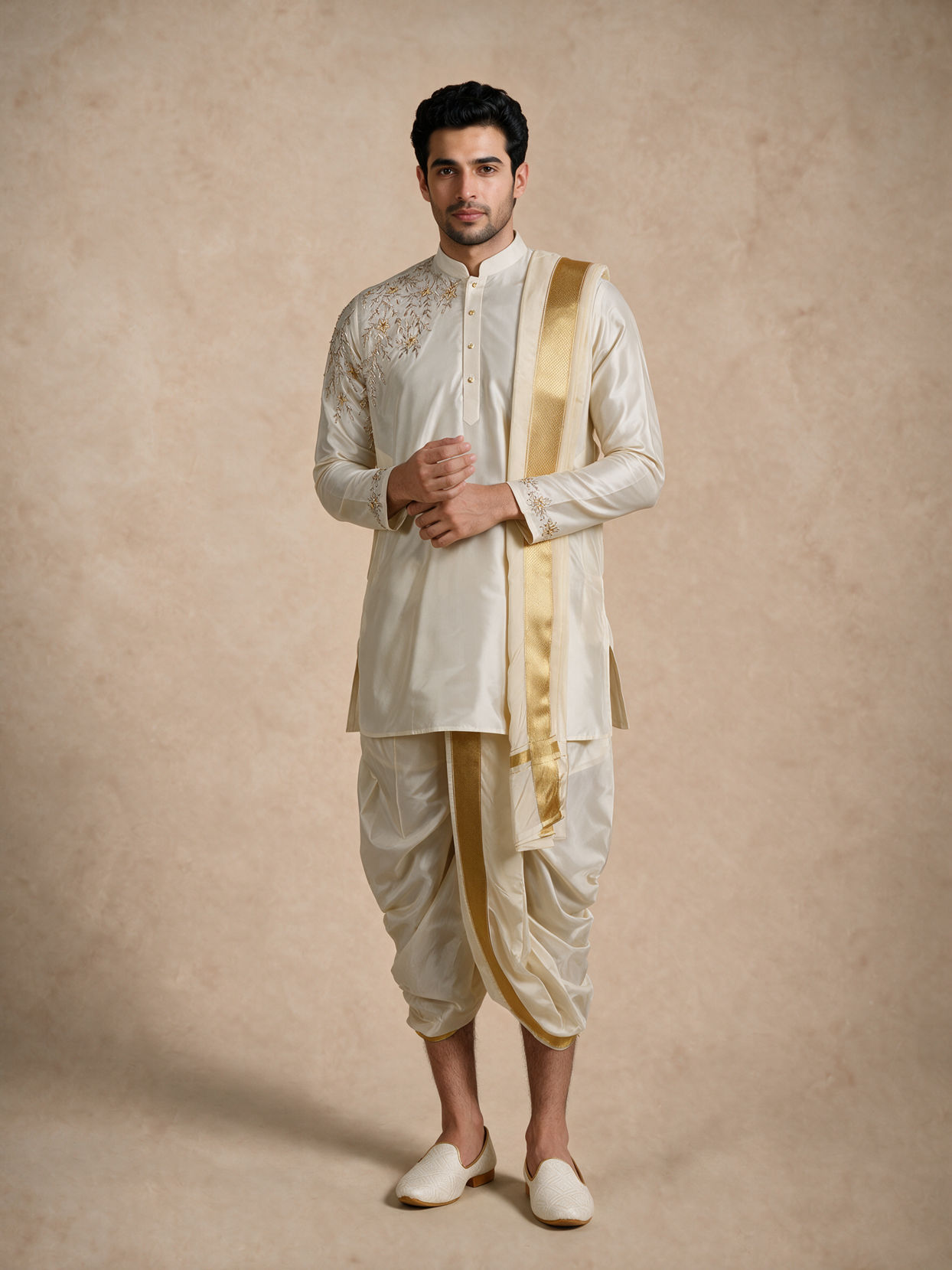 Manyavar Men Cream Silk Veshti Dhoti with Embroidery