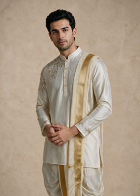 Manyavar Men Cream Silk Veshti Dhoti with Embroidery