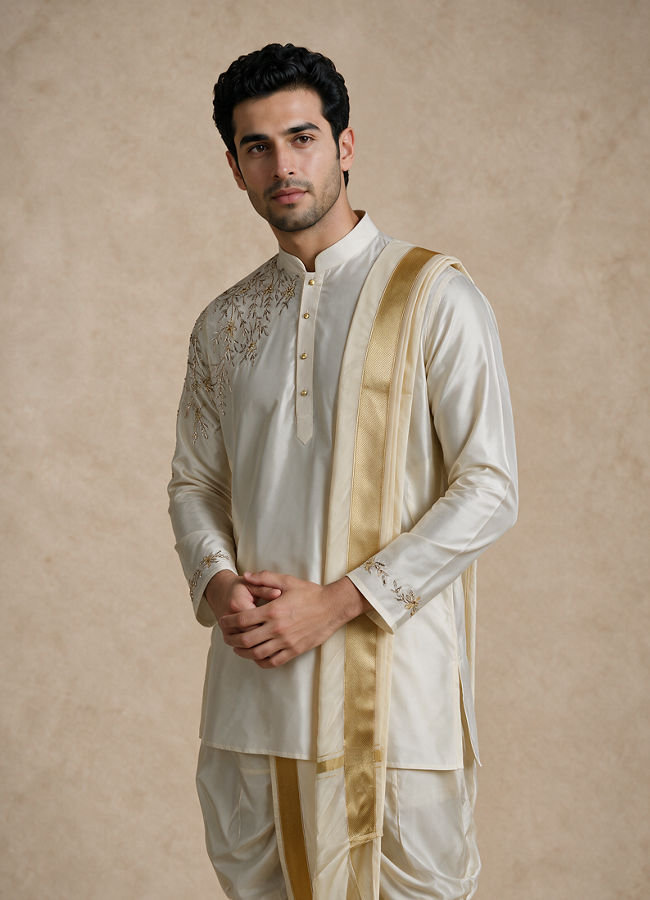 Manyavar Men Cream Silk Veshti Dhoti with Embroidery
