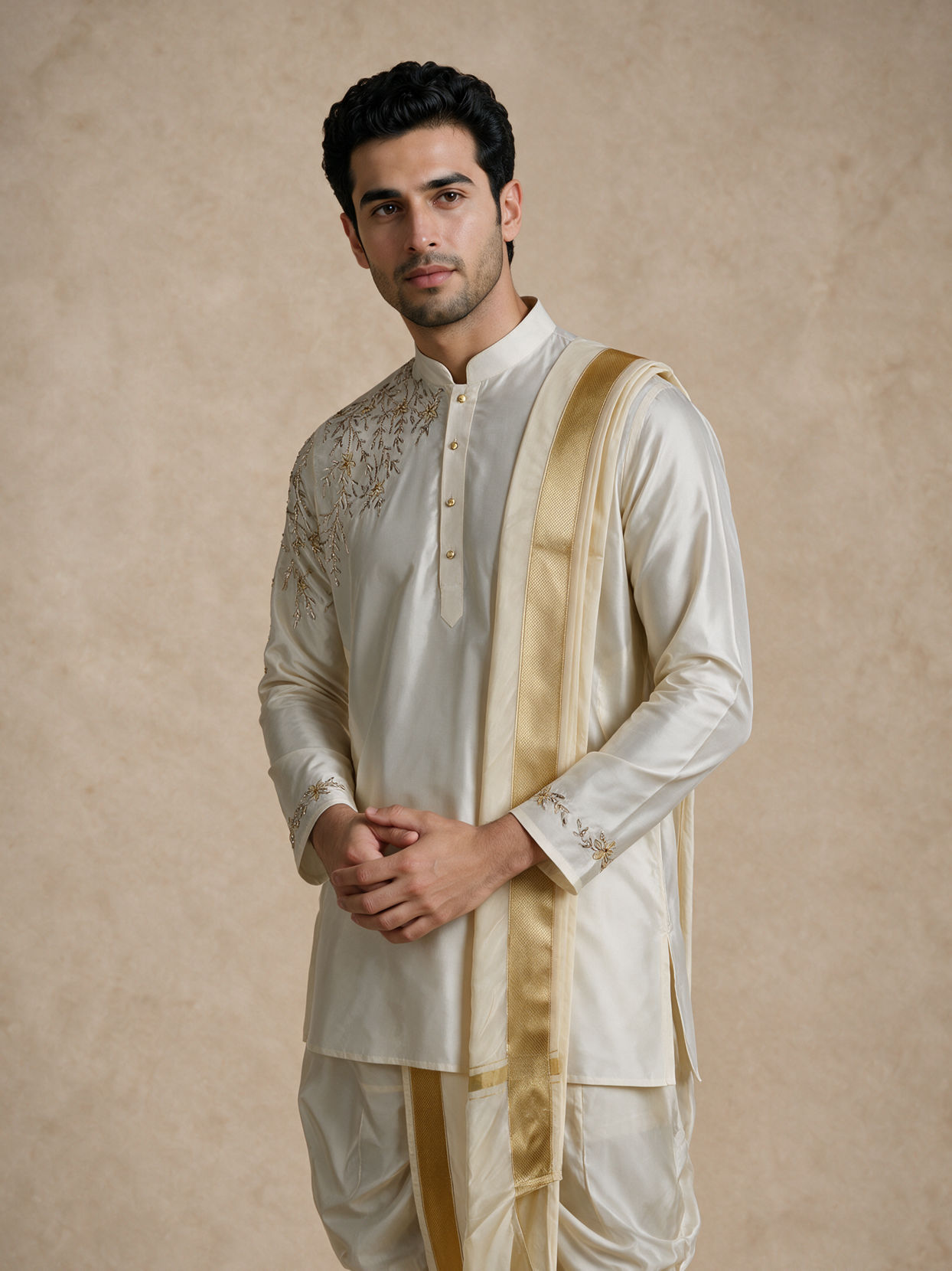 Manyavar Men Cream Silk Veshti Dhoti with Embroidery