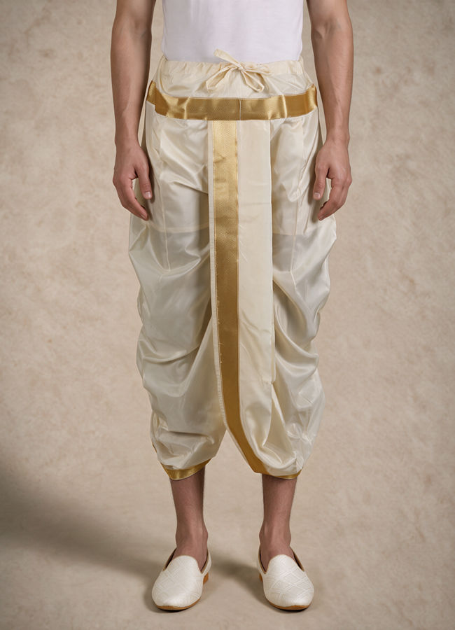 Manyavar Men Cream Silk Veshti Dhoti with Embroidery