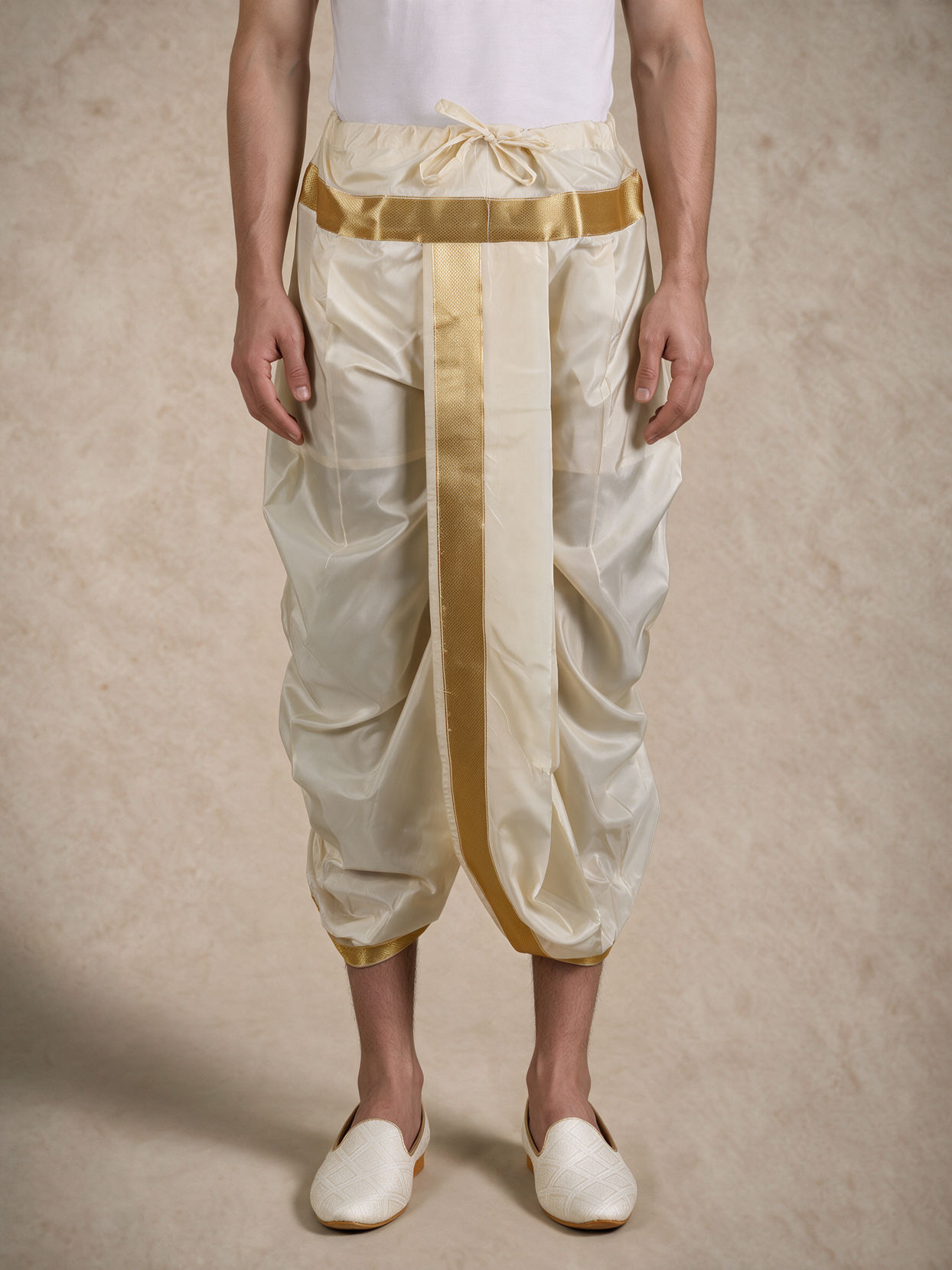 Manyavar Men Cream Silk Veshti Dhoti with Embroidery