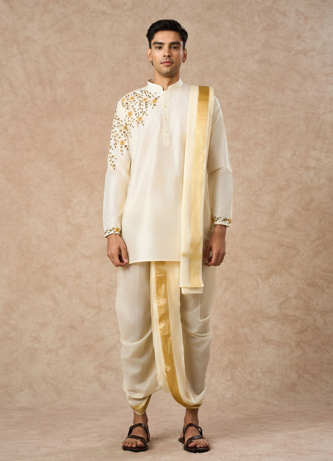 Manyavar Men Cream Silk Veshti Dhoti with Dupatta