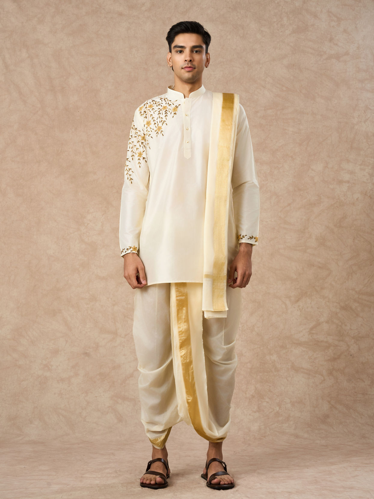 Manyavar Men Cream Silk Veshti Dhoti with Dupatta